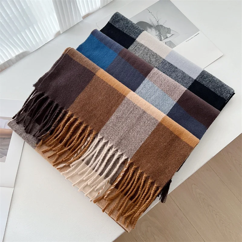 Luxury Japan Korea Style Winter Plaid Cashmere Blanket Scarf With Tassel Poncho Stoles Thick Warm Pashmina Shawl Wraps