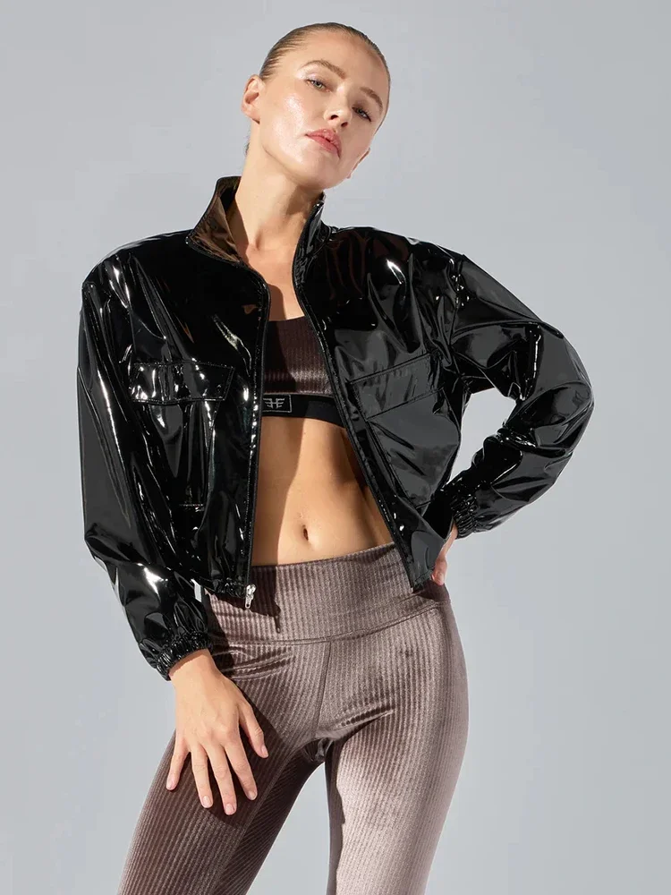 Women Glossy Faux Leather Lapel Crop Jacket Coat Ladies Fashion Shiny PU Punk Overcoat With Pockets Casual Entertainment Custom