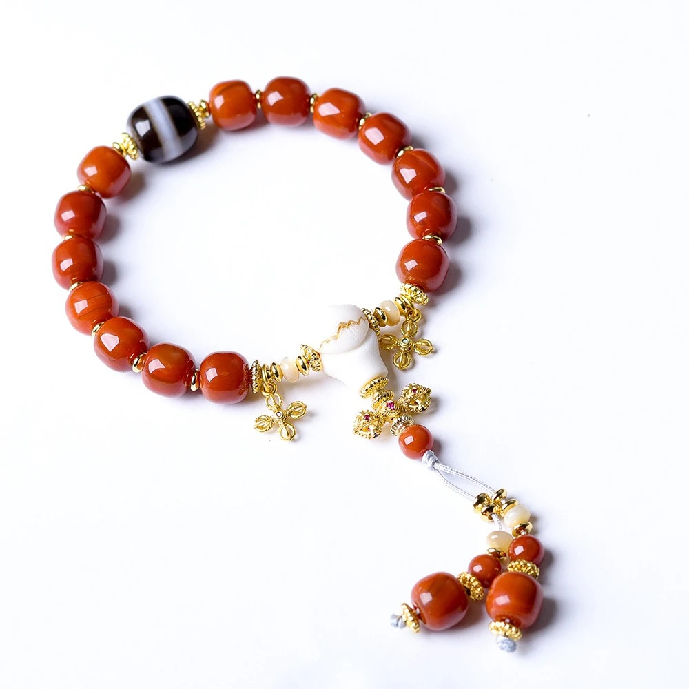 2026 on the new nanhong agate barrel beads bracelet original cultural toys antler tee Chinese string