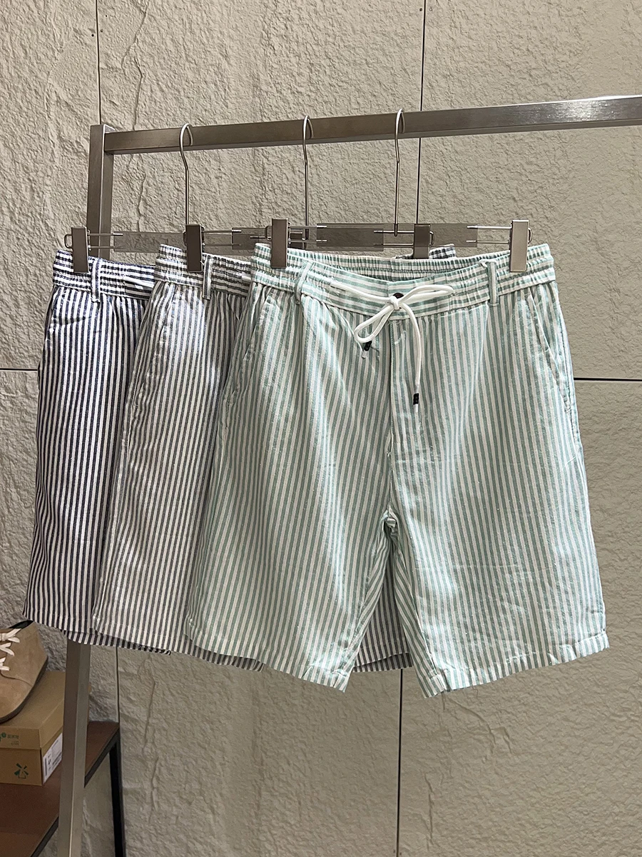 

Comfortable Linen Men's Summer Cool Breathable Casual Straight Leg Short Pants Trendy Vertical Stripes Washed Effect