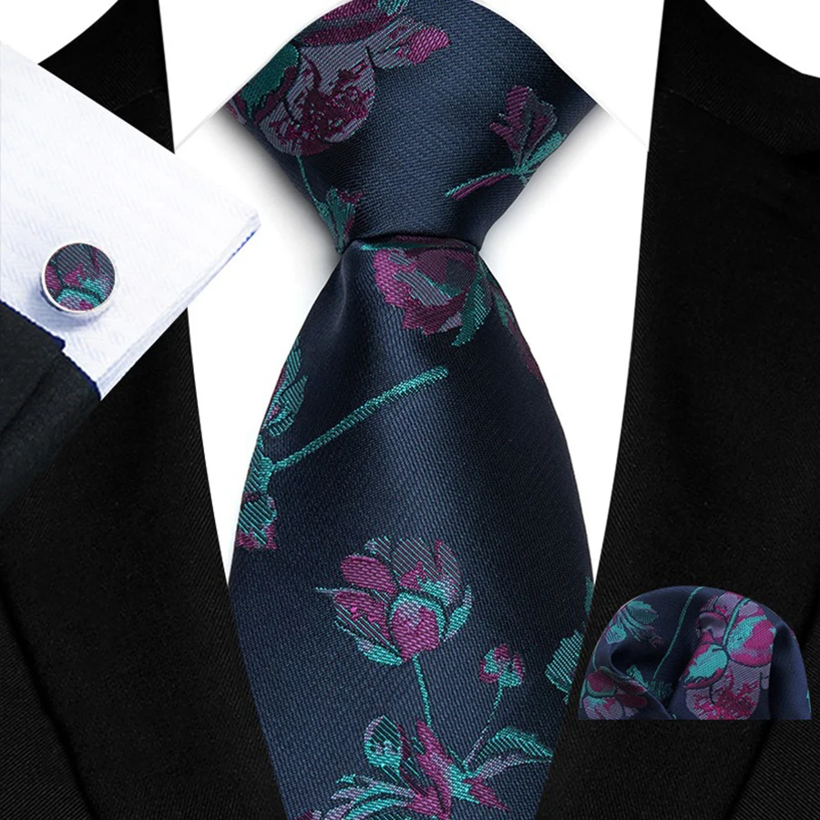 Mens Silk Tie Set Classic Paisley Necktie Handkerchief Cufflinks Set Stripe Floral Tie for Men Formal Business Wedding Party