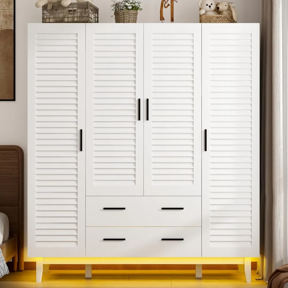 4-Door Wardrobe - Closet with drawers and LED lights, multi-layer shelves, hangers and 4 louvered doors, large storage wardrobe