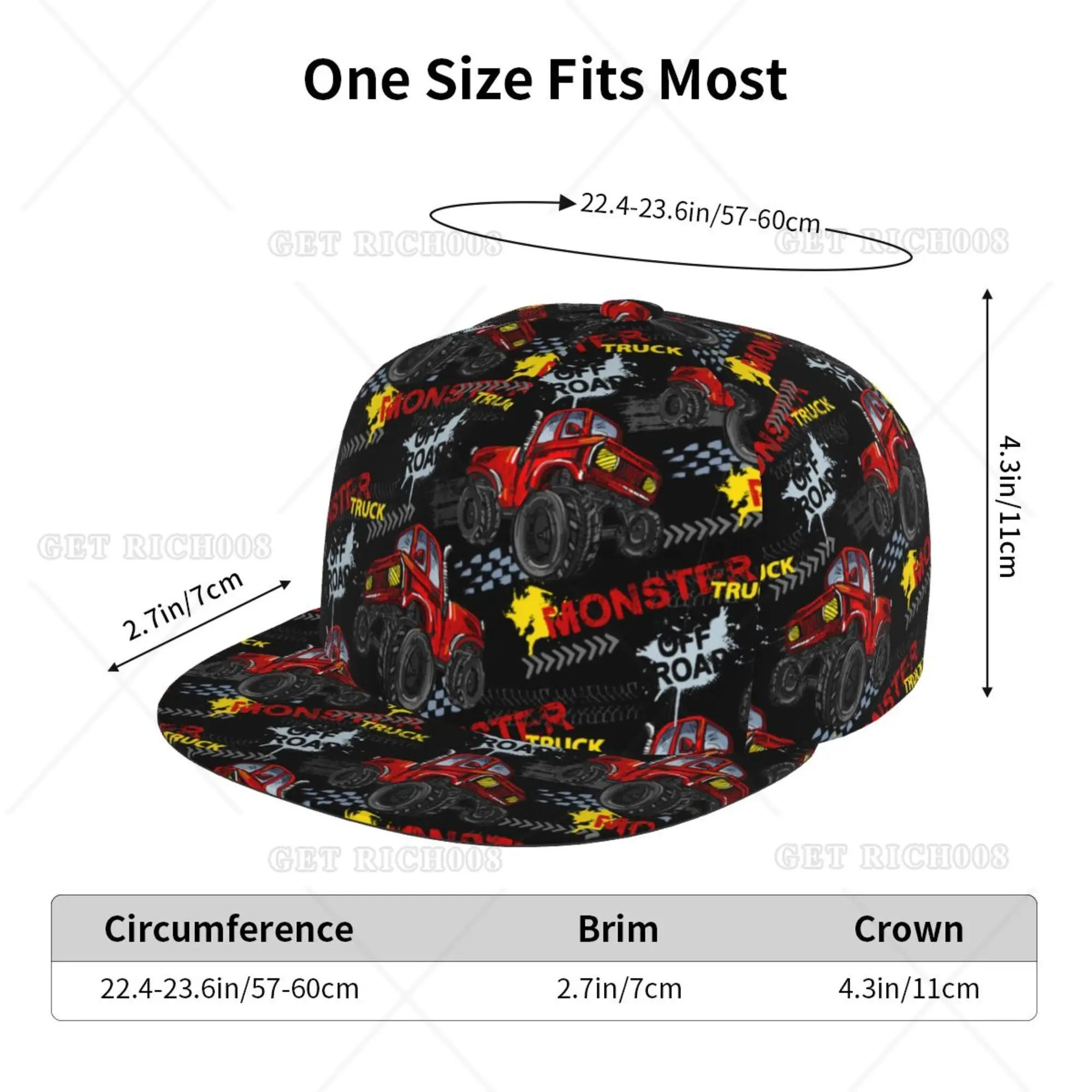 Monster Truck Classic Snapback Hat Hip Hop Flat Bill Visor Cap Unisex Adult Teens Adjustable Baseball Hats Hip Hop One Size