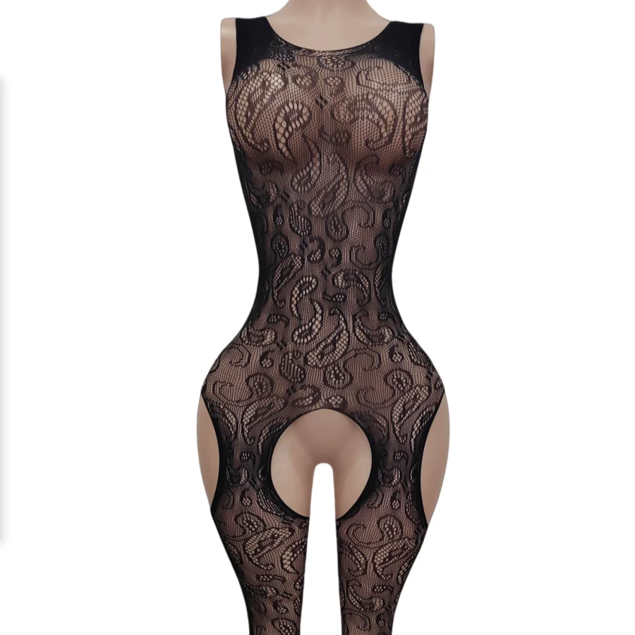 

Elegant Ladies' Sexy Side Butt Hollow out Sleeveless Open-Crotch Elasticated Tempting Tight Sleepwear with Floral Embroidery