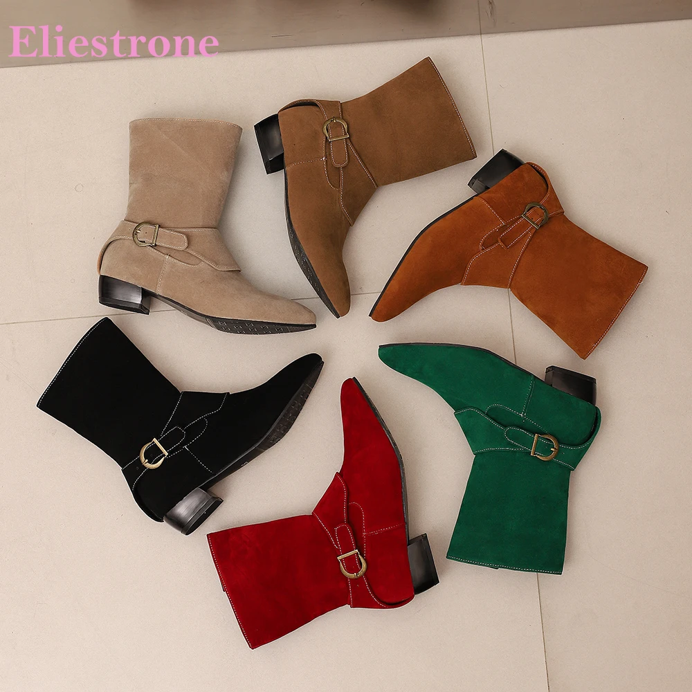 

2025 Новые зимние классические черные зеленые женские ботинки до середины икры, популярные офисные женские туфли телесного цвета на среднем массивном каблуке, большие размеры 10, 42, 46 48