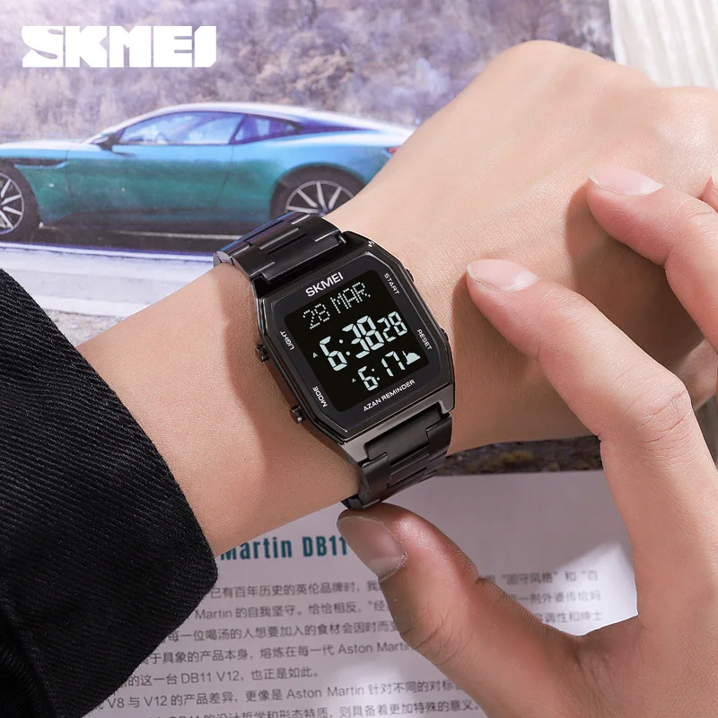 SKMEI Digital Watch Men Azan Watch for Muslim Prayer with Qibla Compass Islam Al-Harameen Fajr Time Clock Include Hijri Calendar