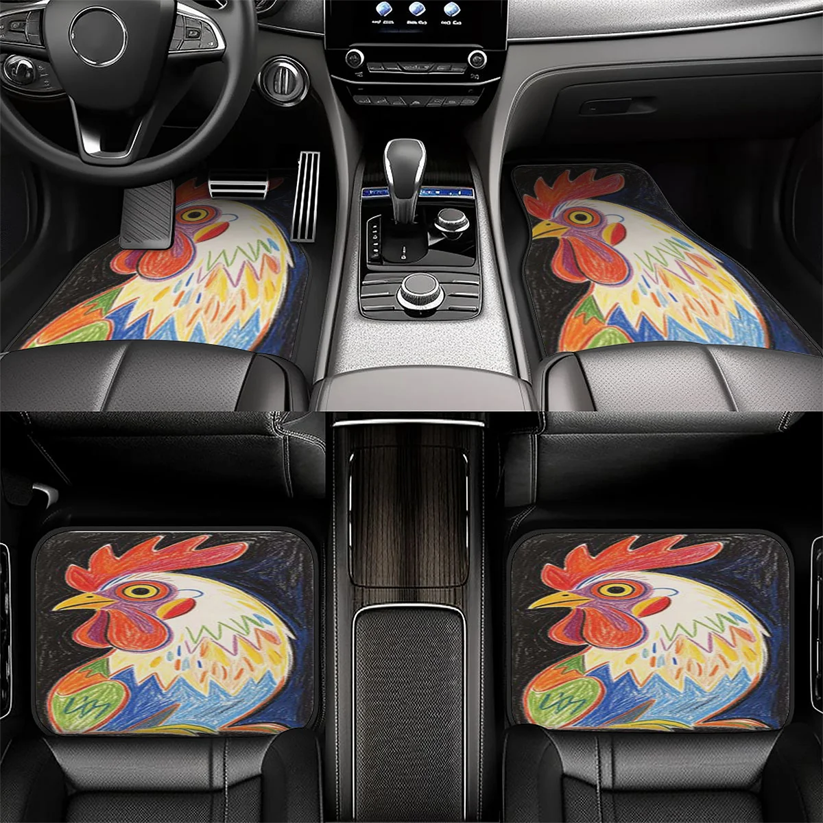 5pcs Car Floor Mat Set, Trunk Mat With Hand-painted Colorful Rooster Design, Made Of, All-weather Protection, Non-slip Backing,