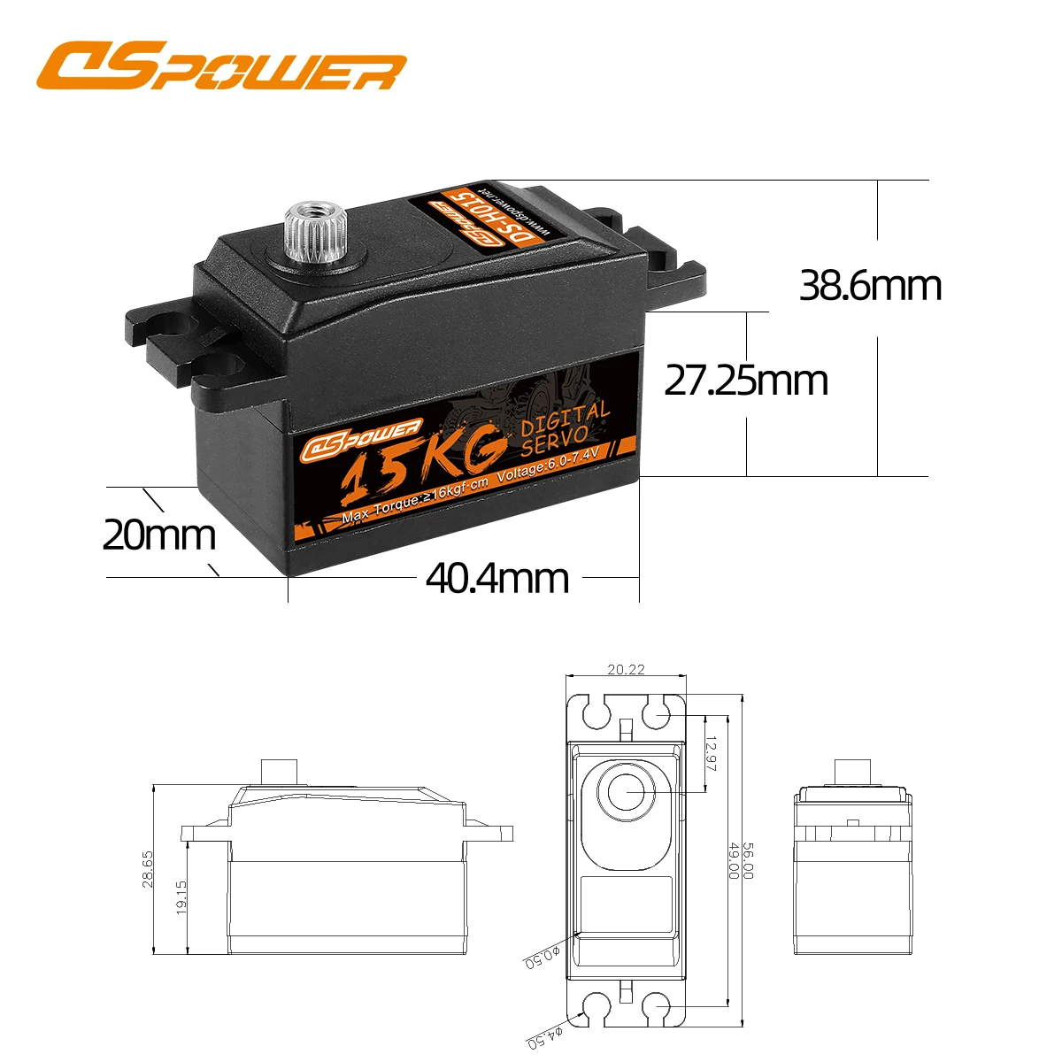 Dspower 15Kg Metalen Versnelling Digitale Servo Korte Body Standaard Groot Koppel Laag Profiel Voor 1/8 1/10 Rc Auto Robot Arm Axiaal Vliegtuig