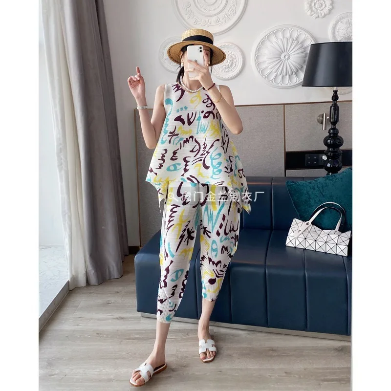 Yudx-ノースリーブのベストとハーレムパンツのセット,女性用のプリントセット,魅力的なプリーツファッション,2ピース,夏,新しい,2024