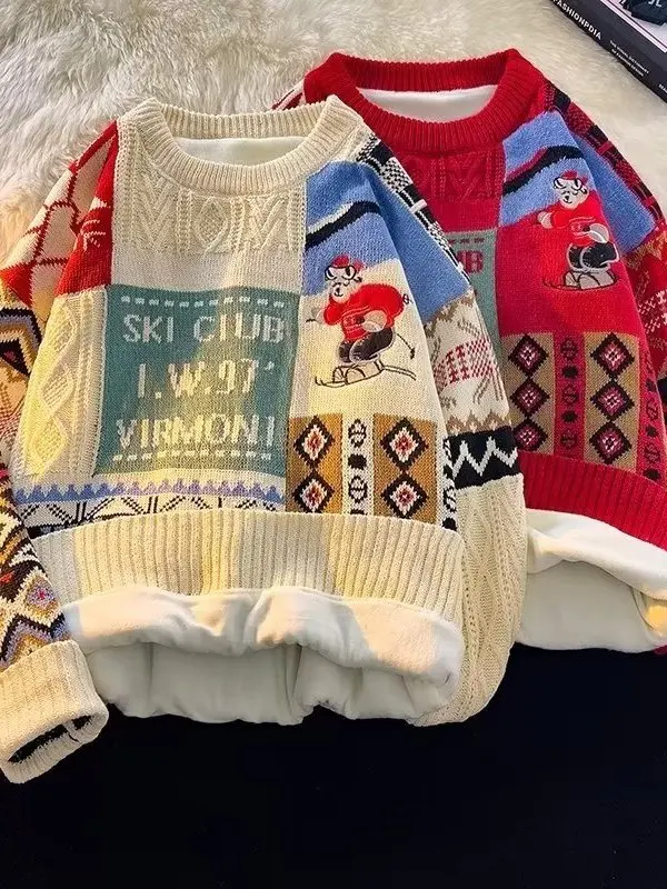 

Cisas Thiened Fce Warm Knitted Sweater Men's Loose Sle Faionable Couple's Sweater Breathable Cartoon Pattern