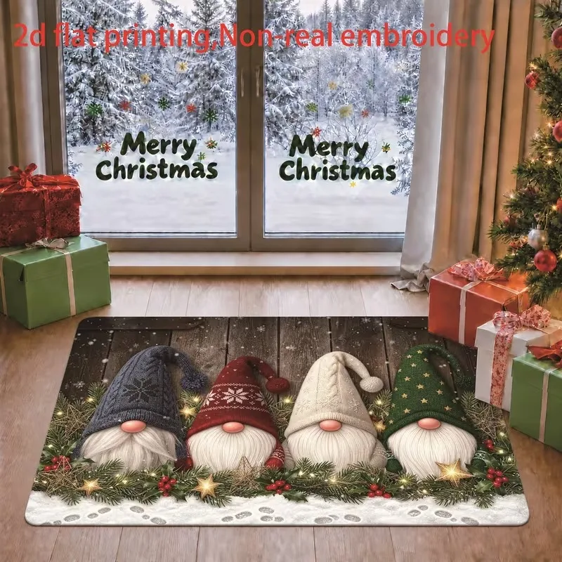 Festive Xmas Decorative Doormat Santa Claus Riding Sleigh Pulled By Reindeer Snow‑Covered Forest Moon Winter Pattern Rug Mat