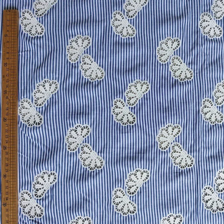 New 100% cotton blue yarn-dyed fabric with laser-cut embroidered butterfly lace embroidery for clothing home decor DIY sewing view 6