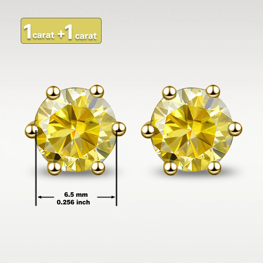 GRA 6.5mm/1ct Certified S925 sterling silver six-prong stud earrings Round Yellow Moissanite earrings for women fine jewelry