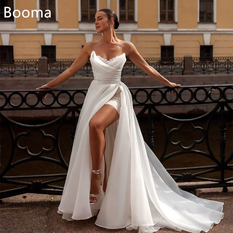 

Booma A-Line Lace Side Split Strapless Wedding Dresses Long Sleeveless Corset Pleat Brides Gown Custom Made 2025