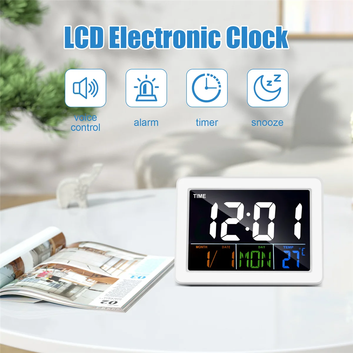Kolorowy elektroniczny budzik biurkowy LCD z dużym ekranem i wyświetlaczem temperatury i daty