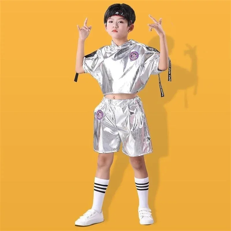 Kid Kpop Hip Hop Clothing Silver short sleeve Jacket Casual Pocket Jogger Pants for Girl Boy Jazz Dance Costumes Clothes Set