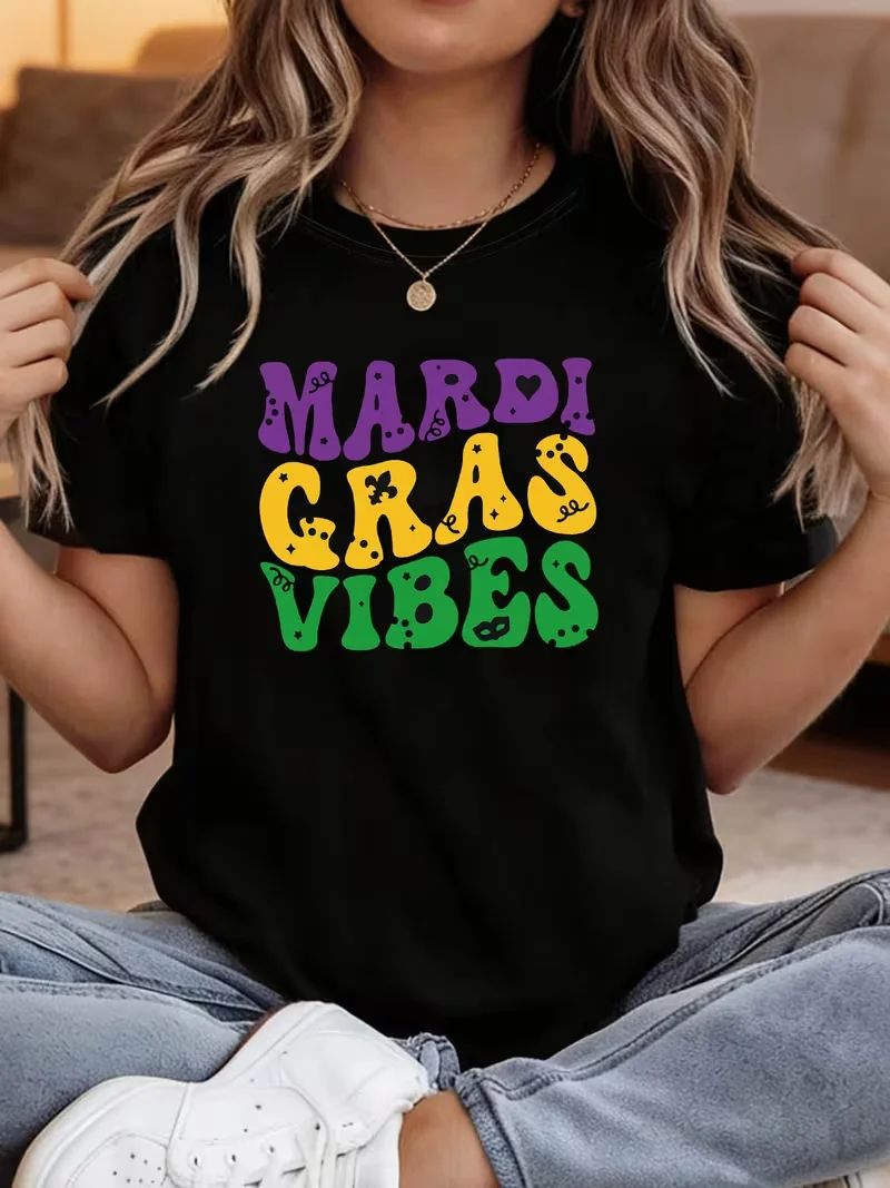 Women's Crew Neck Short Sleeve T-Shirt with Carnival MARDI GRAS VIBES Text Print for Spring and Summer