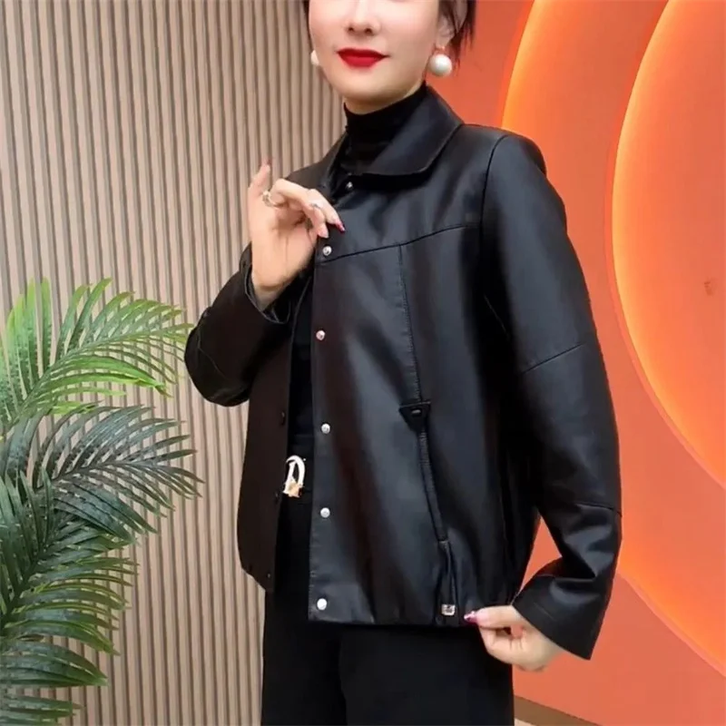 Spring Autumn Women Leisure PU Leather Coat Retro Ladies Large Size 4XL Leather Jacket Female Fashion Faux Leather Outwear 2