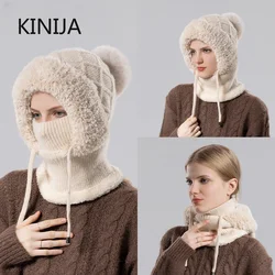 Women Winter Velvet Knitted Hat Ear Protection Fluffy Hat Mask Neck Integrated Warmth Cover Hat Hooded Cap Gorras Para Mujer