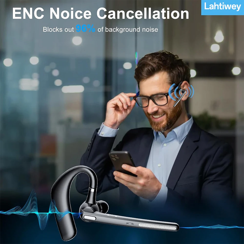 سماعة بلوتوث V5.3 للقيادة المكتبية، سماعة أذن لاسلكية مع علبة شحن 500 مللي أمبير في الساعة، سماعات رأس بدون استخدام اليدين، ميكروفون لإلغاء الضوضاء