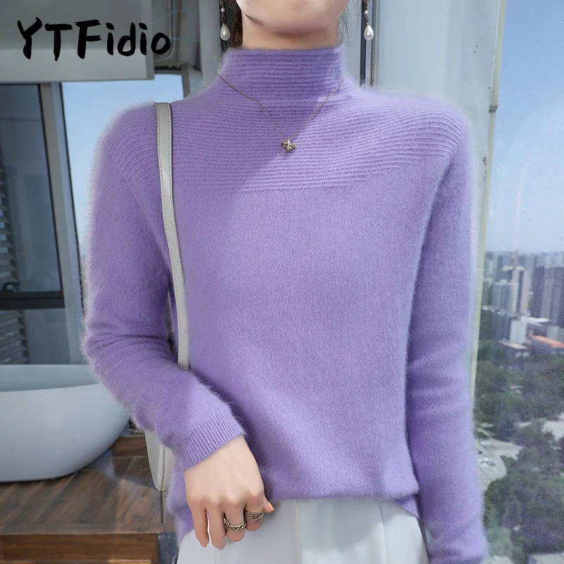 YTFidio Nerz-Kaschmir-Pullover für Damen, Strickwaren, Pullover, dick, halbhoher Kragen, Basis-Tops, Oberbekleidung, gestrickt, übergroß, 147