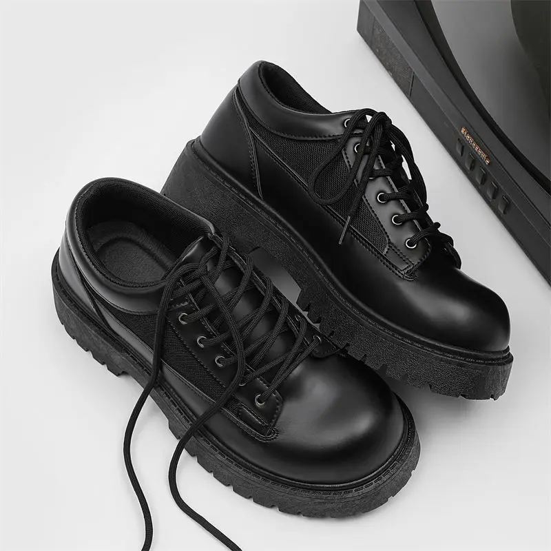 Mens Elegant British Casual Invisible Elevator Black Bulky Toe Derby Leather Work Shoes