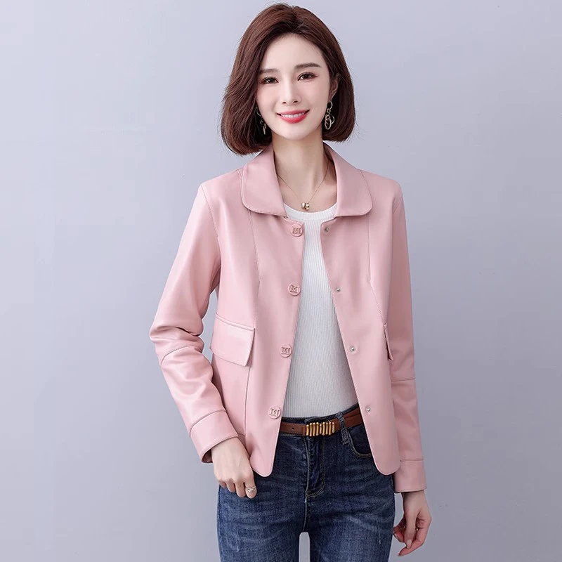 New Women Sweet Leather Jacket Spring Autumn Fashion Turn-down Collar Single Breasted Short Coat Split Leather Casual Jacket