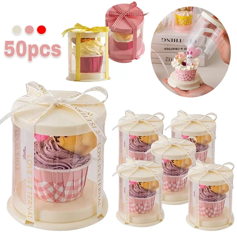 

50pcs Clear Plastic Cylinder Cupcake Boxes Cookie Candy Container Plastic Containers Cupcake Holder Takeaway Food Packaging