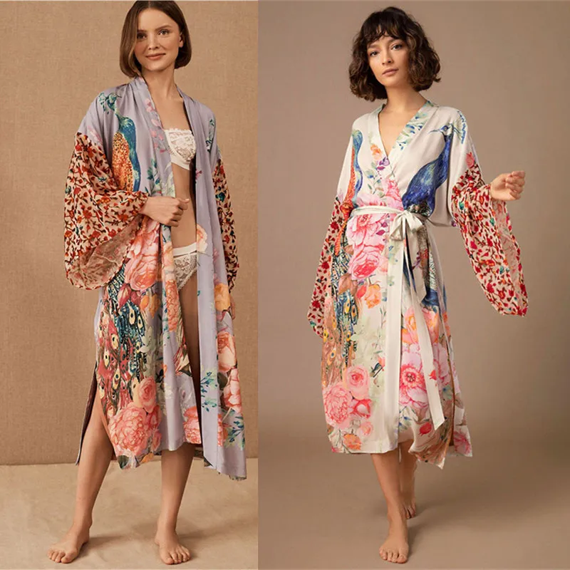 Boho Bikini Cover-ups Boho Peacock Floral Print Front Open Long Kimono Beach Dress Cardigan Women Swim Suit Cover Up