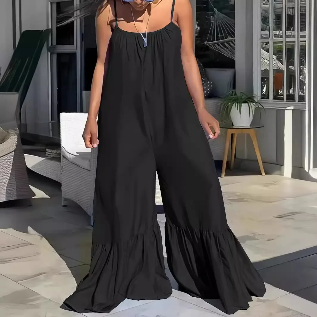 

Women Vacation Spaghetti Strap Halter Party Rompers Flare Pants 2024 Summer Fashion Casual Solid Color Loose Pleated Jumpsuit