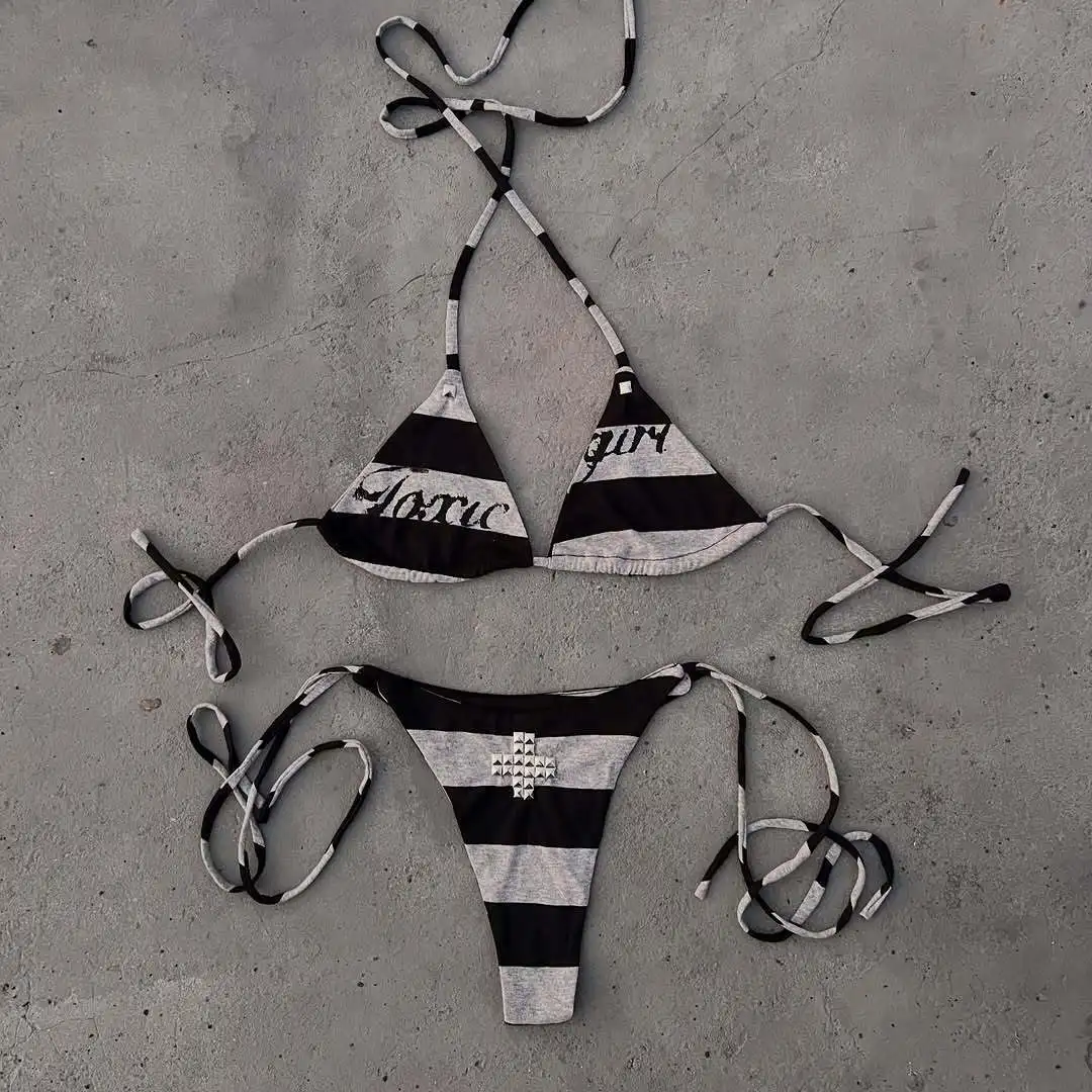 

Black Grey Stripe Bikini Set Women 2026 "Toxic Girl" Graphic Studded Cross Halter Neck Y2K Aesthetic Triangle Top Thong Bottom