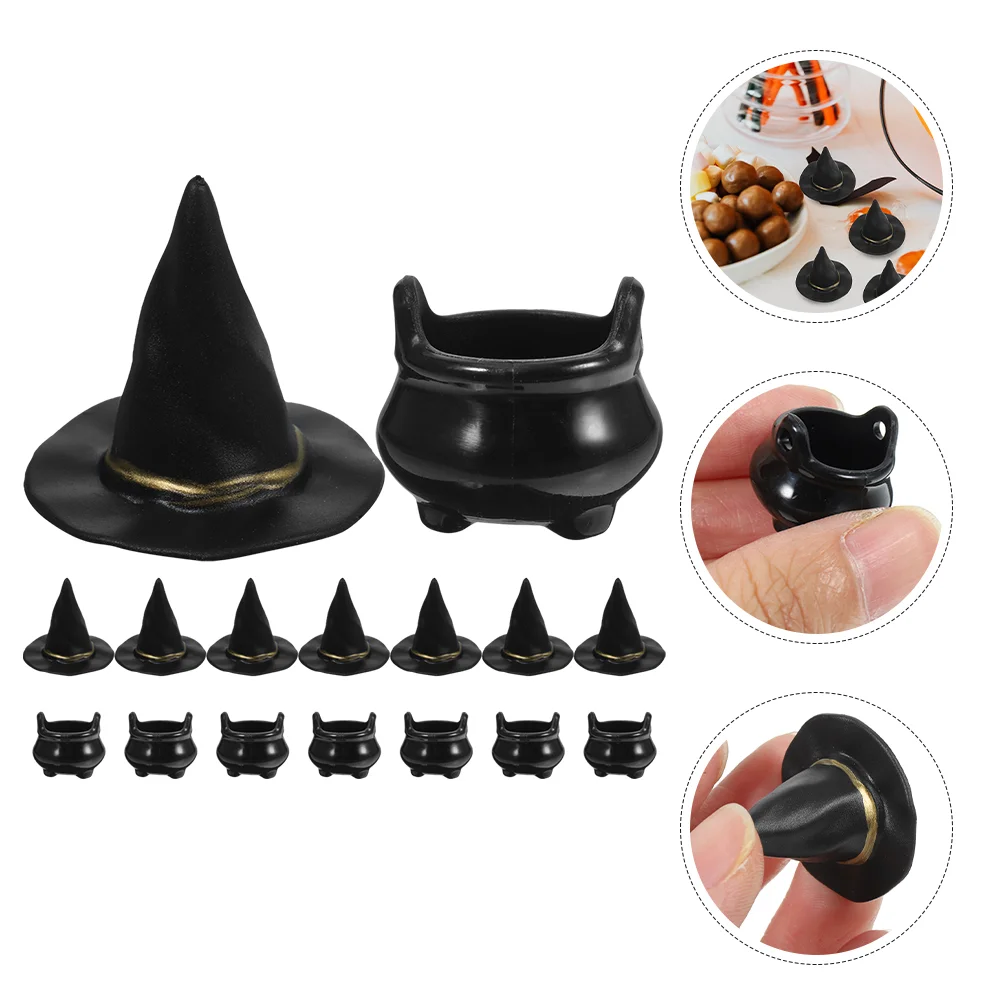 10 Sets Halloween Witch Hat Small Hats for Crafts Miniature Cauldron Drinks Kettle Decor Tiny Dolls Water Toy