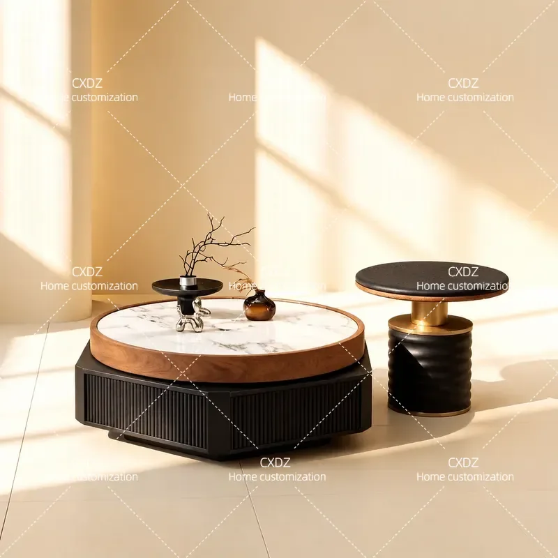 Rotating Round Coffee Table Set Natural Marble Solid Wood Minimalist Living Room Furniture for Small Apartment Antique Style
