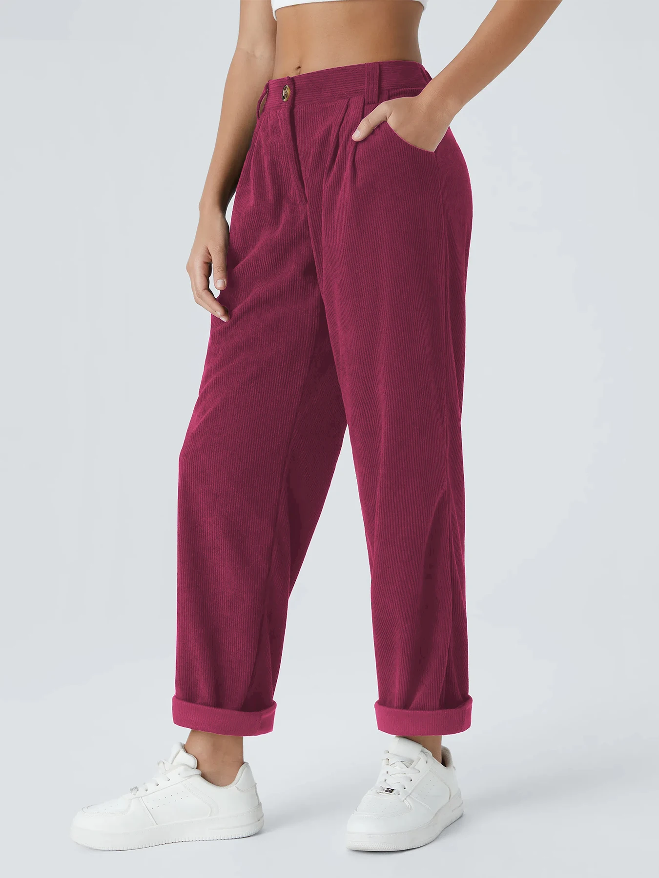 Neue Herbst- und Winter-Freizeitanzüge für Damen in Unifarben aus Cord mit weitem Bein und geraden, samtartigen Hosen, die schlank aussehen – Detail 17