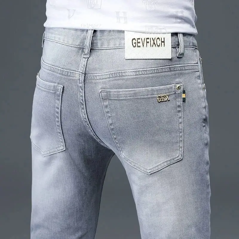 Grey Slim Fit Men's Jeans Elastic Trendy Casual Wear Resistant Wear Comfortable mid Waist Washed Denim Youth Popular Style
