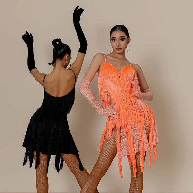 

Latin Dance Clothes Female Adult Sexy Lace Fringe Sling Dress Rumba Practice Outfits Ballroom Dance Competition Costumes DWY8371