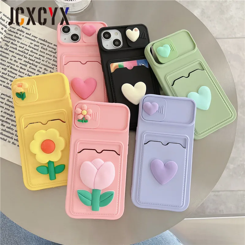 حافظة بطاقات سيليكون سائلة لهاتف آيفون ، رسوم متحركة لطيفة ، زهور ثلاثية الأبعاد ، قلب الحب ، 15 ، 14 ، 13 ، 12 ، 11 Pro Max ، X ، XR ، XS ، 7 ، 8 Plus ، غطاء SE3