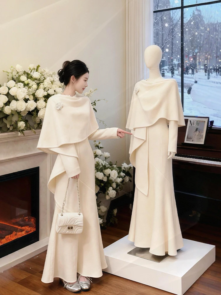 

Stunning Two-Piece Winter Fashion Set for Women Large Size Beautiful Fish Tail Dress with Cloak And Shoulder Cover Casual Style