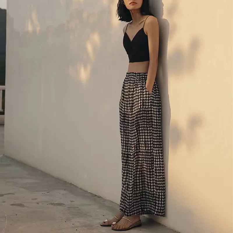 Spring Thin Chiffon Polka Dots High Waist Drooping Sense Casual Loose Wide Leg Pants Women'S Elastic Waist Vintage Pant Harajuku