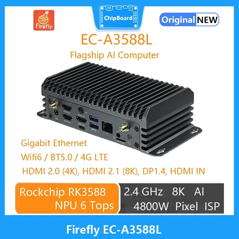 Firefly EC-A3588L Flagship AI Computer RK3588 Octa-Core 64Bit 2.4GHz 8K HD NPU 6Tops Computing Power Gigabit Ethernet M.2 WiFi 6