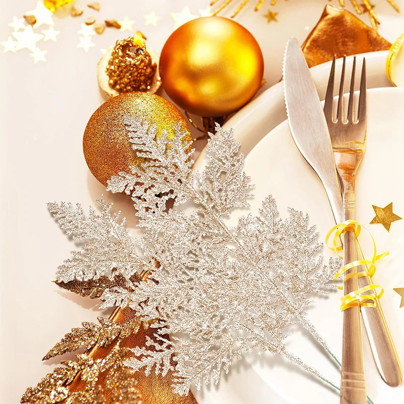 5/10 Stück Weihnachtsdekorationen, glitzernde Blätter, zum Aufhängen, Weihnachtsbaumschmuck, Kiefernzweige für 2026, Heimgeschenke, Dekoration – Detail 4