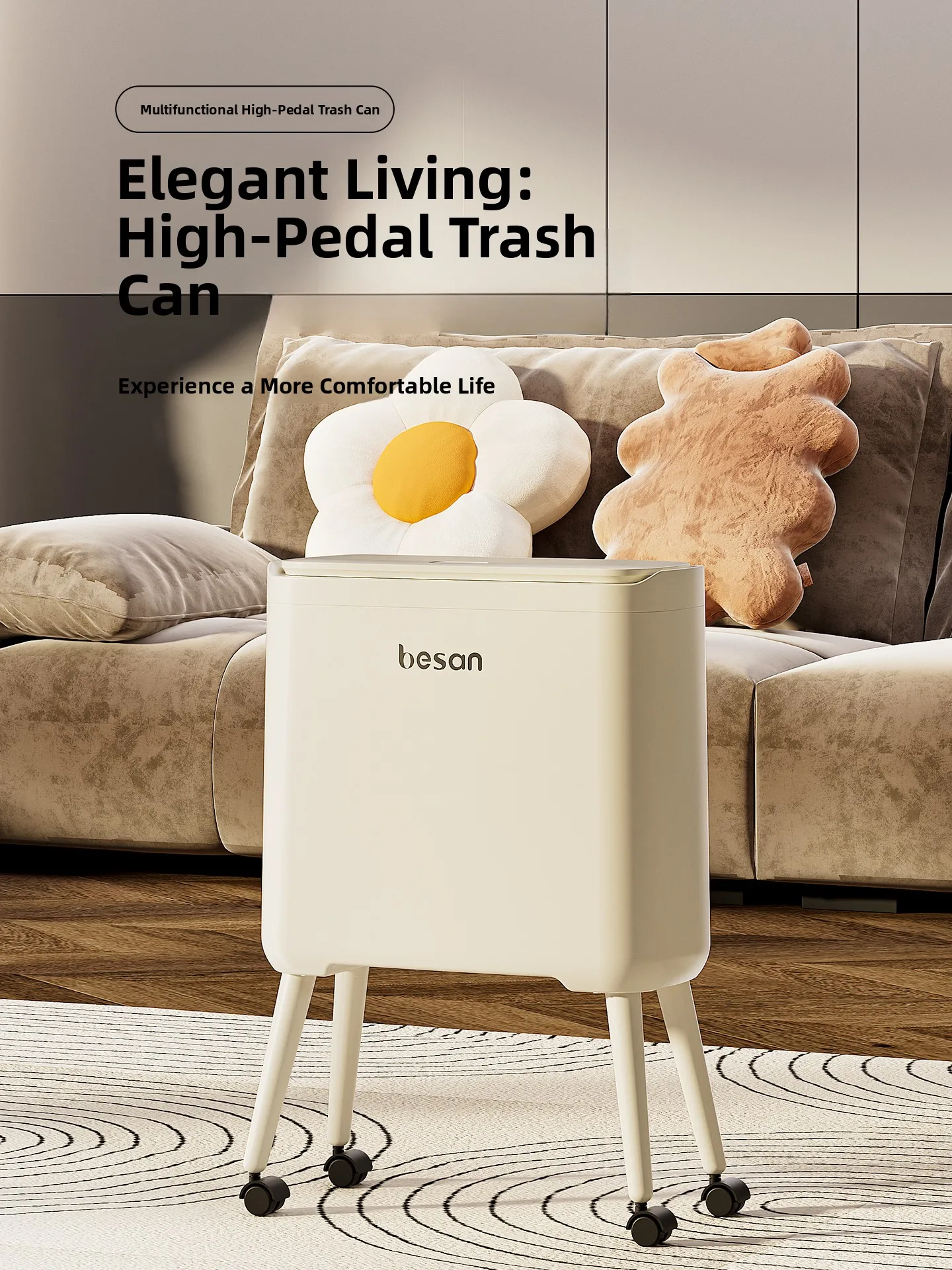 

No-Bend Waist High Leg Kitchen Tra Can Large Capaci with Wheels New 2025 Model Household Nord Sle Plastic Garbage Bin