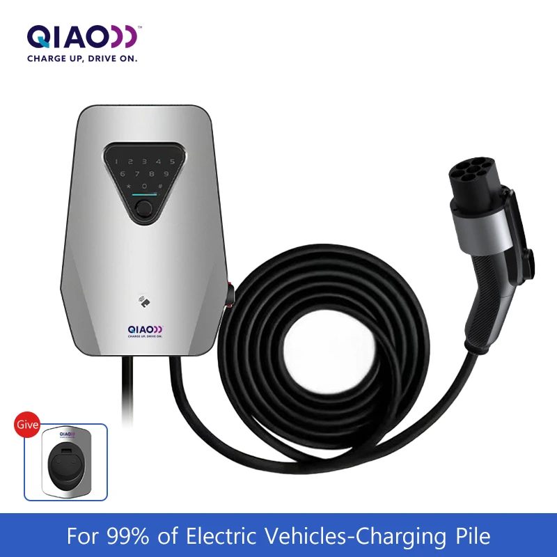 

QIAO EV Charger Station J1772 32A 7KW 22KW EV Fast Charge Station Type 1 2 Cable 5M LCD APP Control RFID Card Fingerprint Unlock