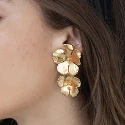 Vintage Stainless Steel Double Flower Drop Earrings for Women Gold Plated Statement Stylish Stud Earring Exaggerated Jewelry
