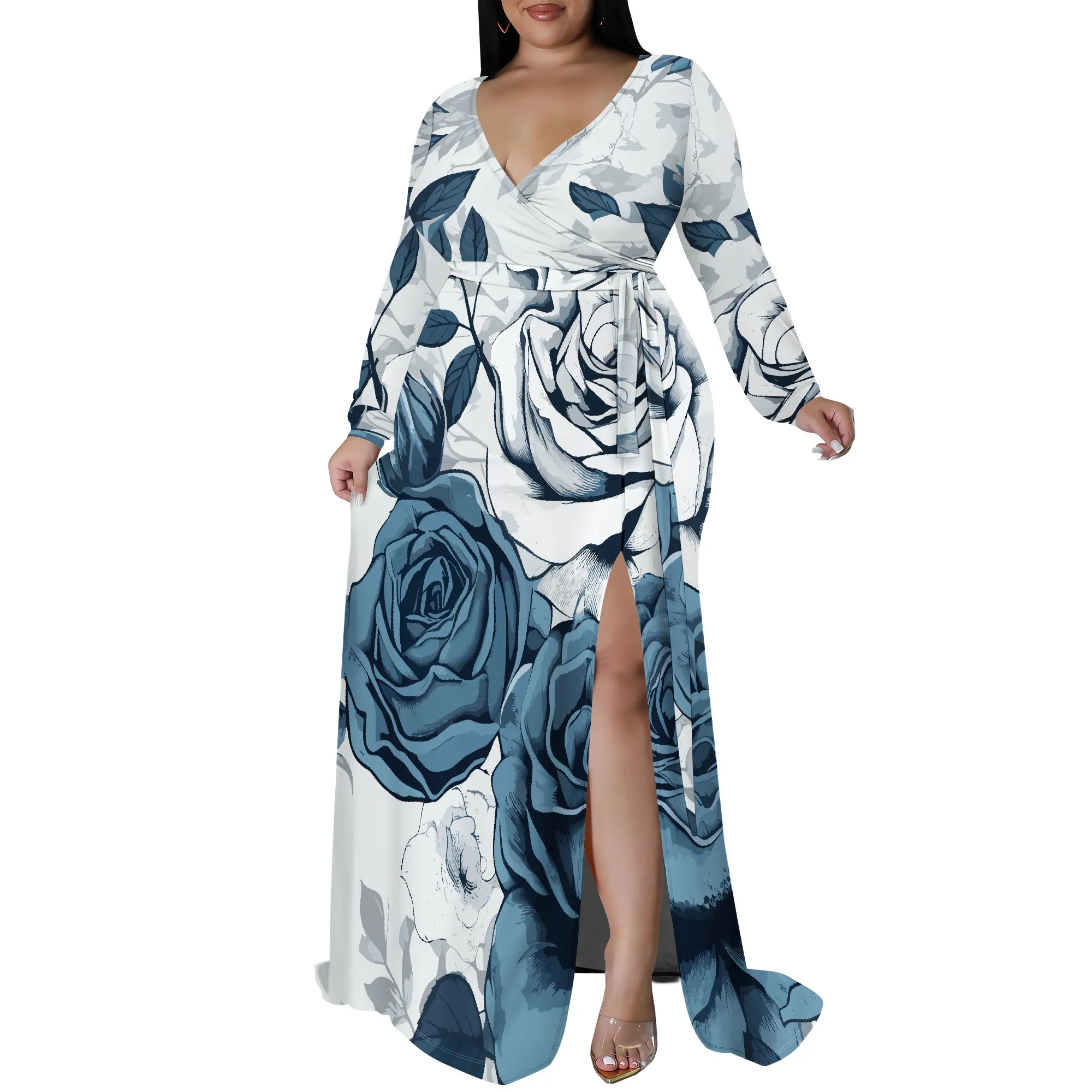 Vestido maxi plus size de manga comprida com estampa rosa azul para mulheres, vestido elegante com fenda lateral para ocasiões especiais