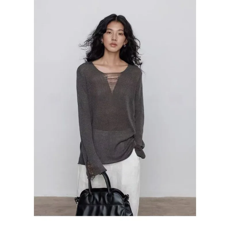 Herbst V-ausschnitt frauen Neue Stil Genäht Hohl Mode Einfarbig Schlank Lange ärmeln Design Gestrickte Lose Top