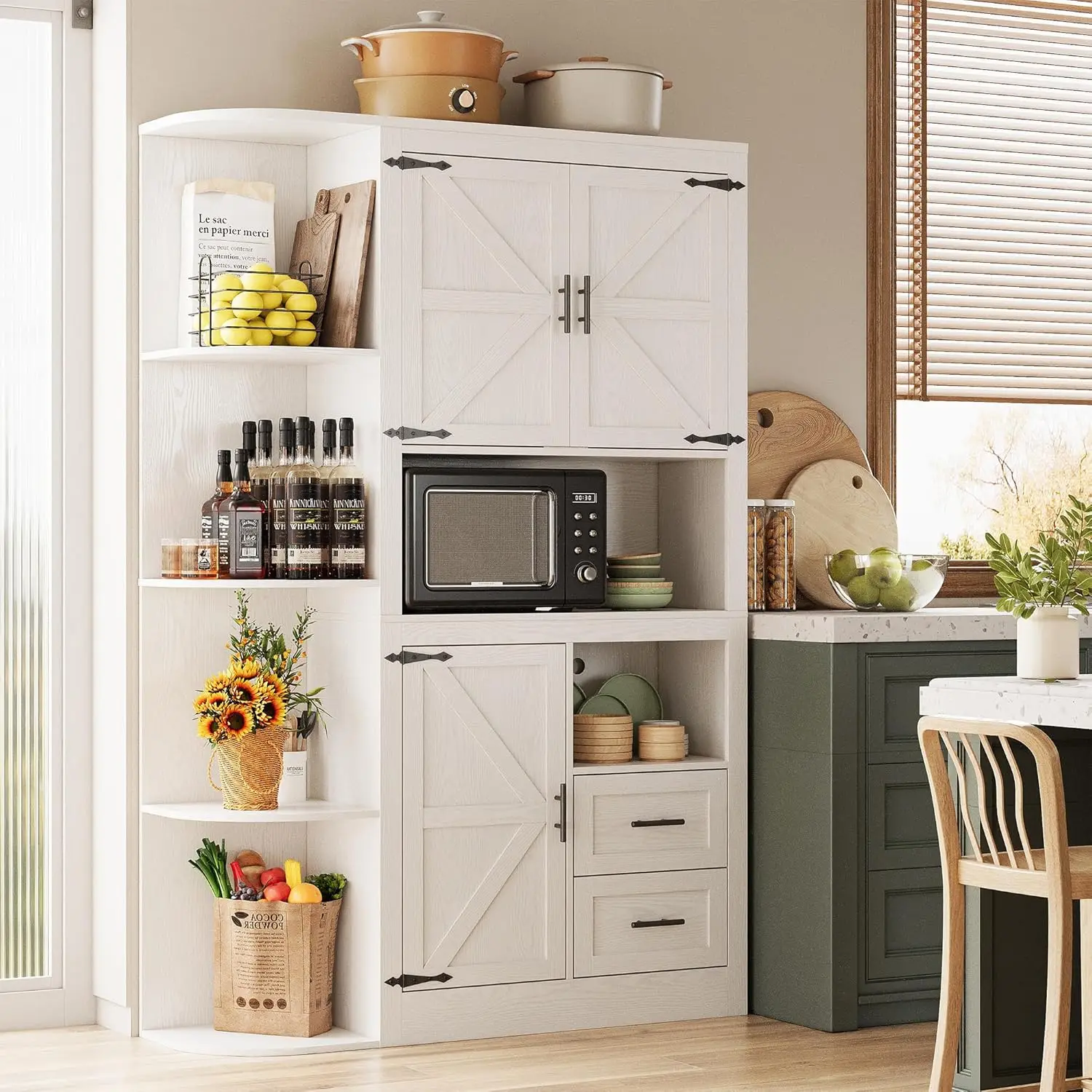 Farmhouse Kitchen Pantry, Storage Cabinet with Power Outlets, 4 Side Shelves, Buffet Sideboard with Microwave Stand, Coffee Bar