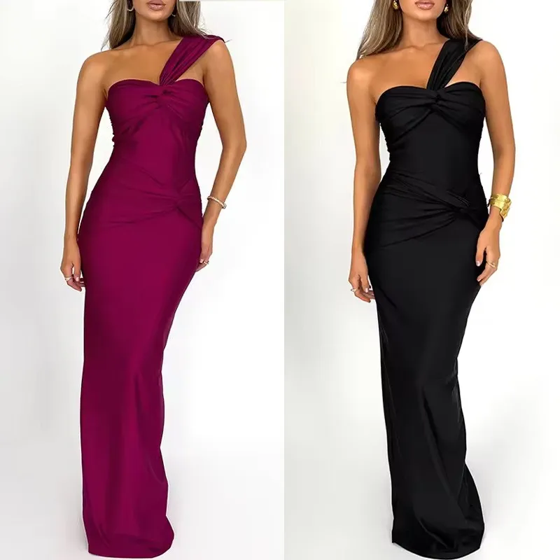 

Elegant Party Dress For Woman Evening Long Sleeveless Off Shoulder Wrap Front Maxi Dress Satin Magenta Black Solid Color