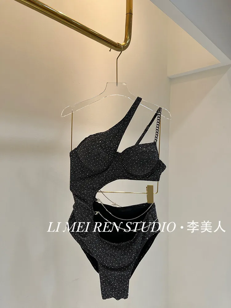 New Advanced bright diamond single shoulder steel support one-piece swimsuit for women