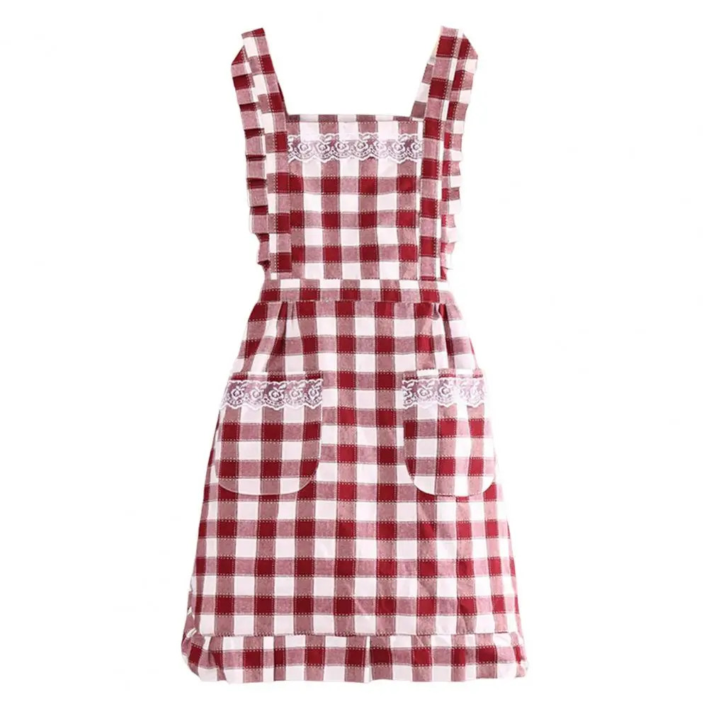 Korean Style Useful Lattice-Pattern Cotton Apron Unisex Kitchen Apron Lace Decor for Household